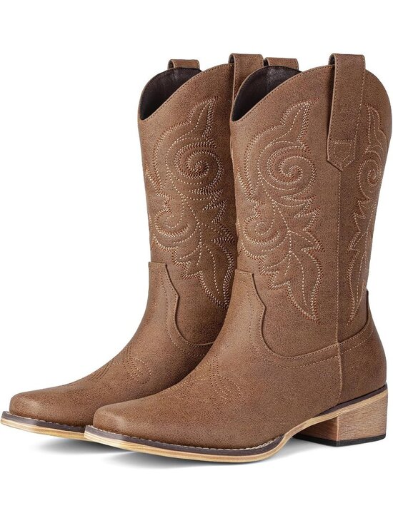 Shoes - Women's Boots Mid Calf Red Brown Rubber Square Toe Solid Low Heel Stitched